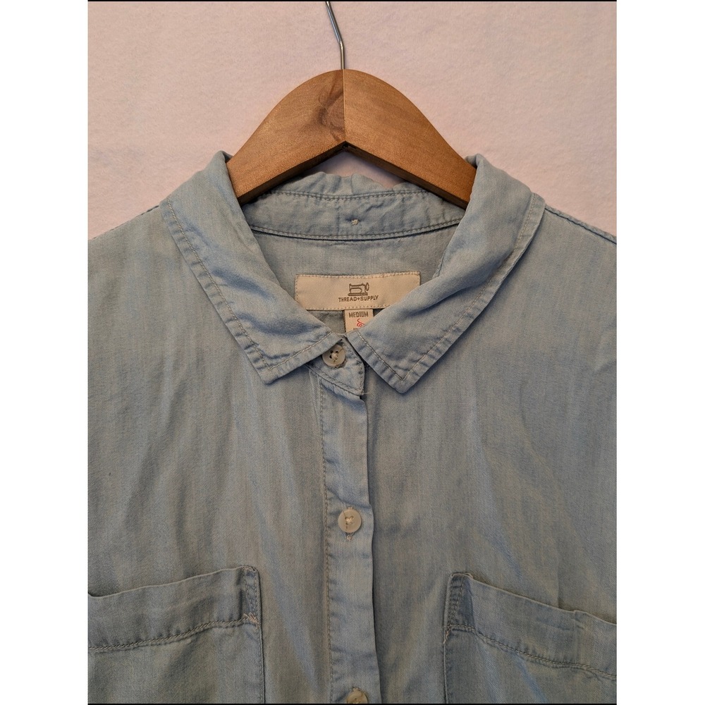 Thread & Supply Light Wash Lyocell Chambray Shirt Dress Frayed Hem Size Medium - Picture 4 of 15